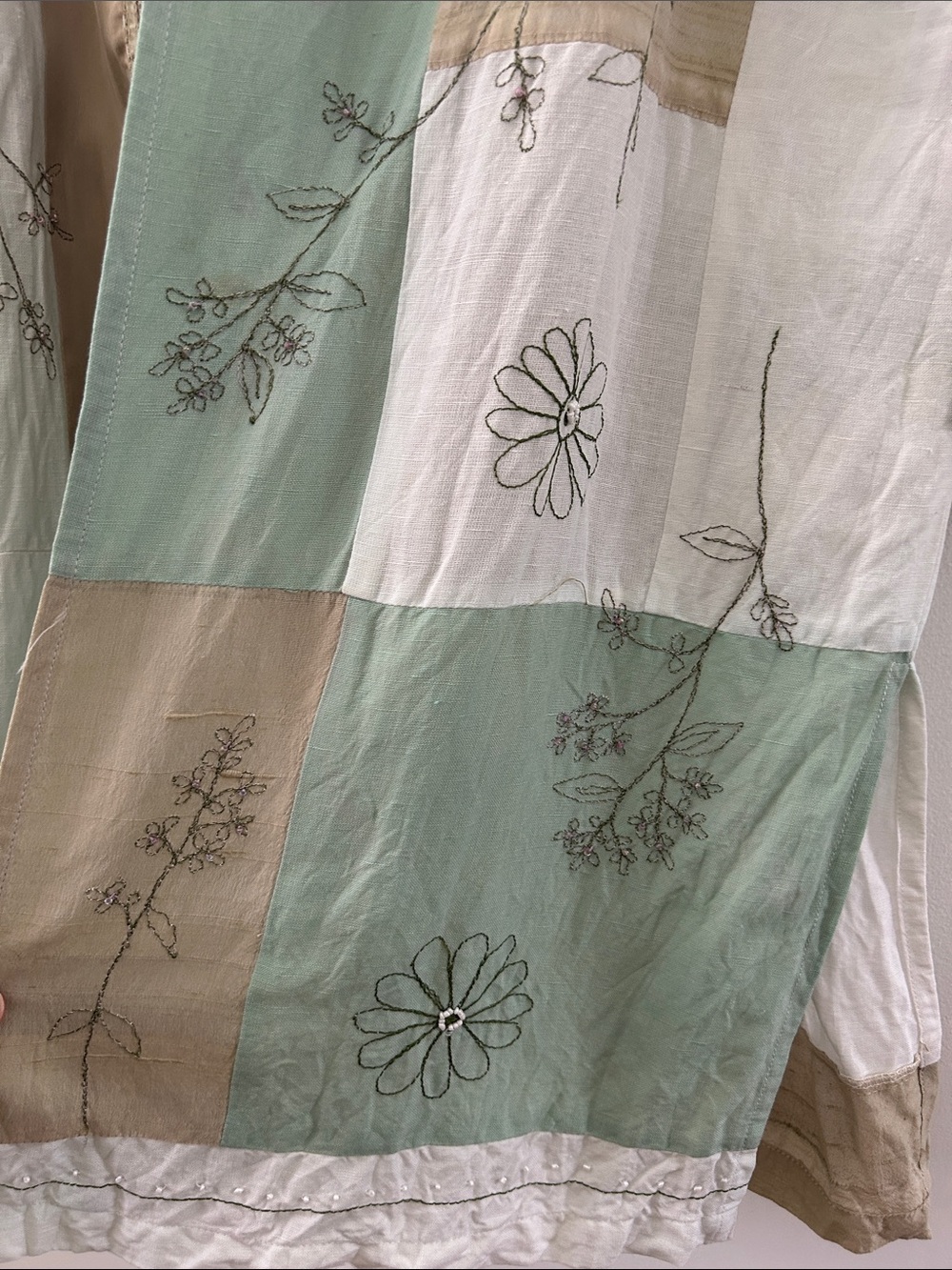 Vintage TOTOnKO Patchwork Silk/Linen Jacket Embroidered Floral Artsy Lagenlook - Picture 11 of 15